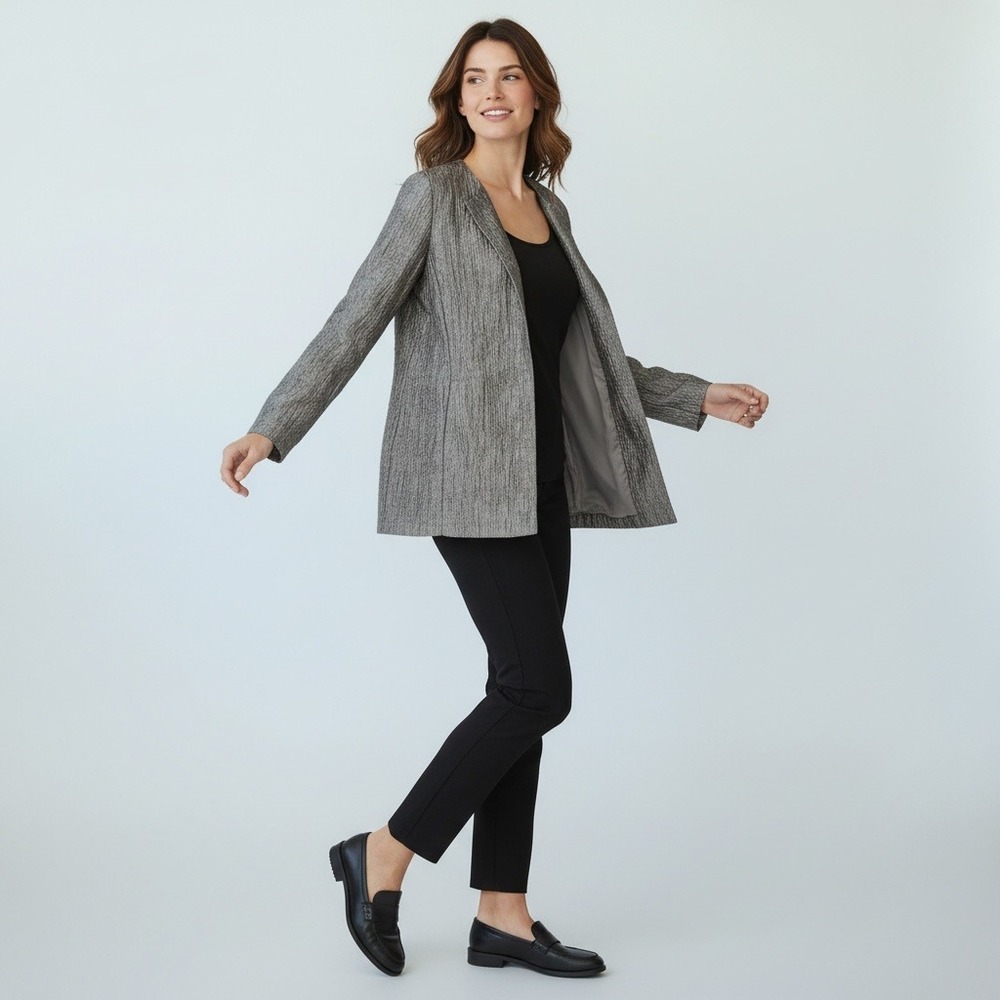 Eileen Fisher Mirage Crinkle Jacquard Open Front Blazer Jacket  Small Grey